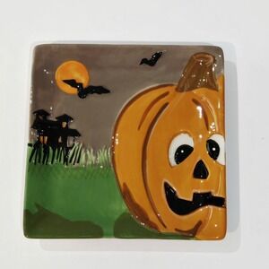 Halloween Pumpkin Haunted House Bats Moon Ceramic Dish MWW Market 4 1/2" Square